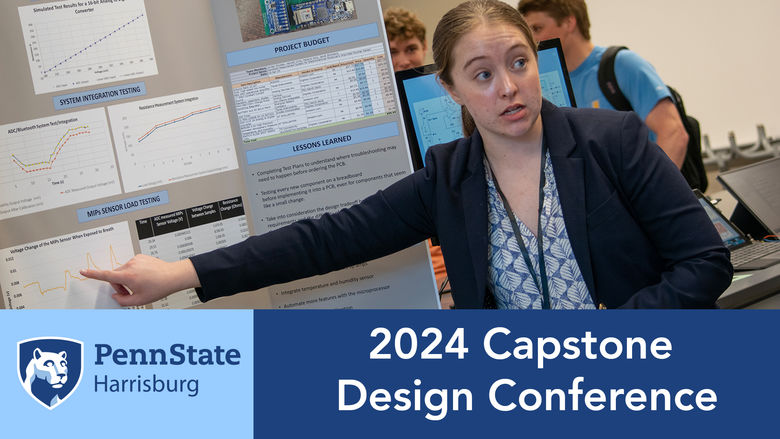 A student points to a project poster during the 2024 Capstone Design Conference