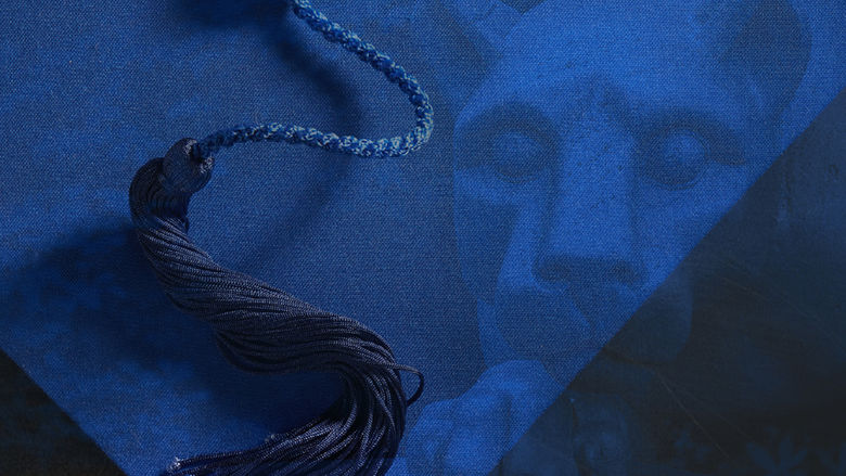 Image of graduation cap and lion shrine with deep blue overlay