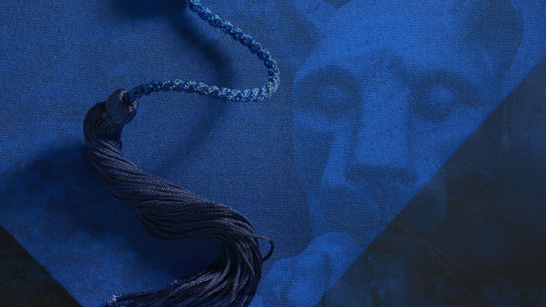 Graphic of lion shrine and graduation cap overlaid in blue