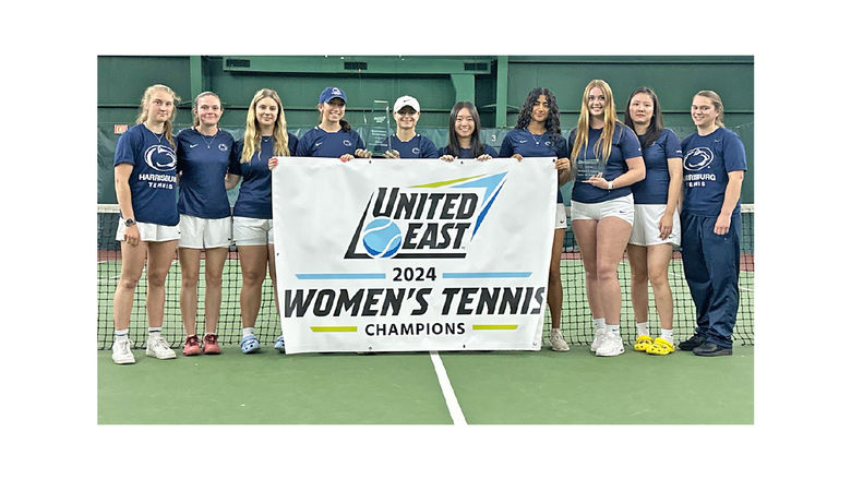 Harrisburg's women's tennis team holds a banner that says United East 2024 Women's Tennis Champions