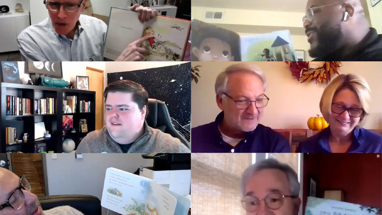 Collage of six photos of individuals reading books over Zoom.