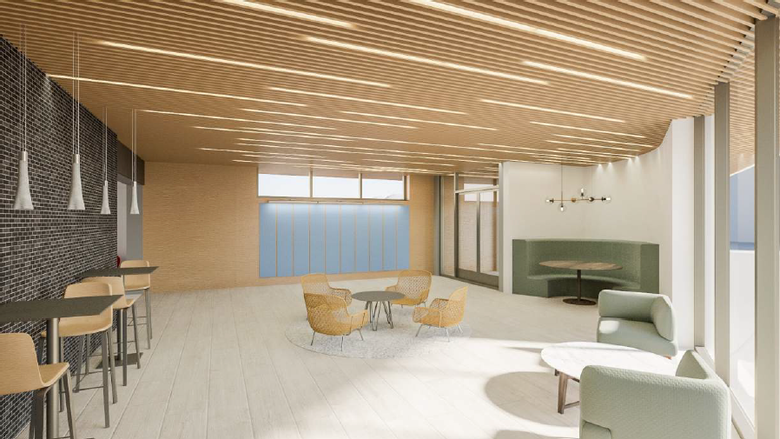 rendering of well-lit gathering space with assorted tables and chairs