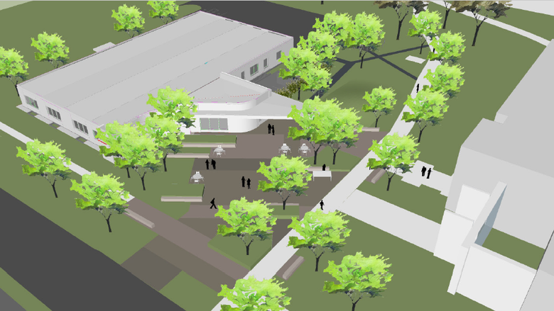 Rendering of Swatara plaza area with multiple plants and trees