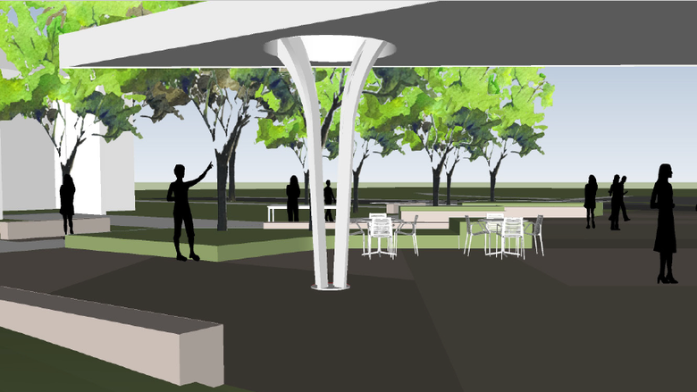 Rendering of people milling about on Swatara plaza area