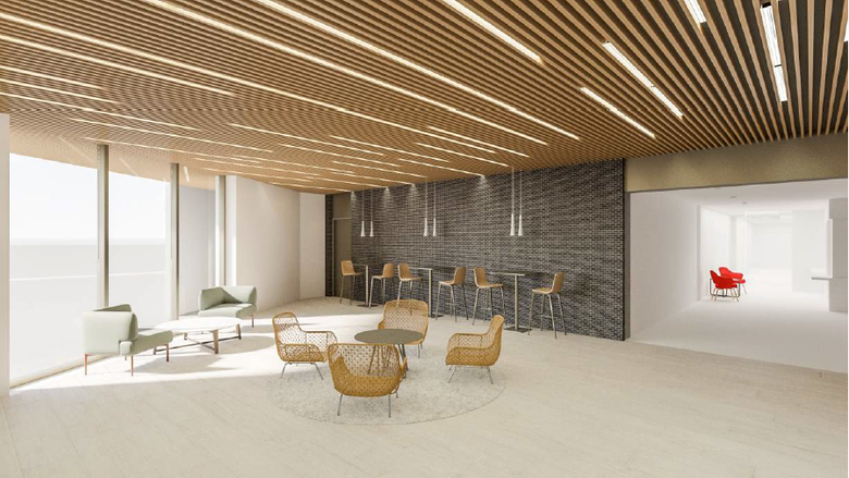 rendering of well-lit gathering space with assorted tables and chairs
