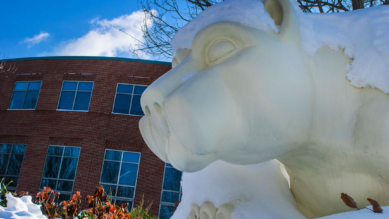 Lion Shrine at Penn State Harrisburg covered in snow