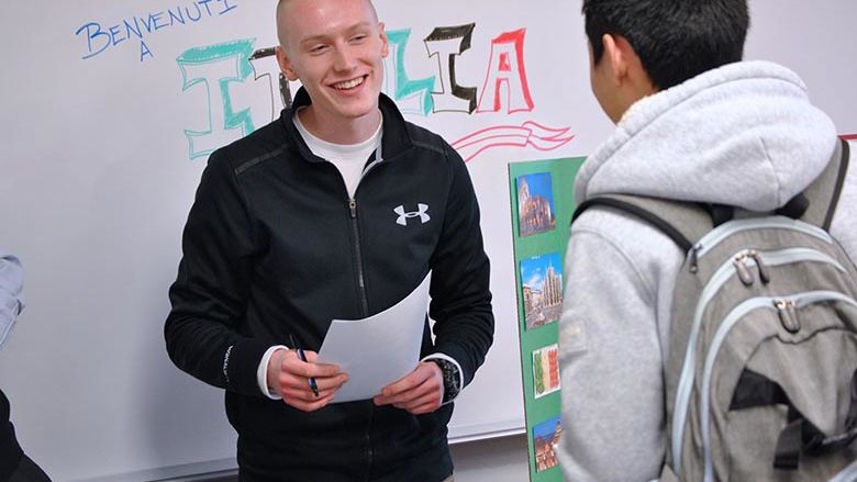 Two international students interacting