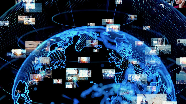 Global network graphic - glowing blue globe outline, surrounded by floating images
