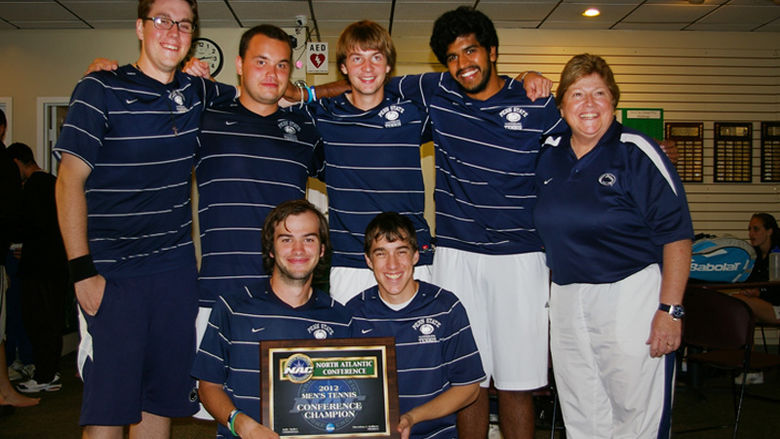 Penn State Harrisburg&#039;s championship men&#039;s tennis team with Head Coach Becky Cecere