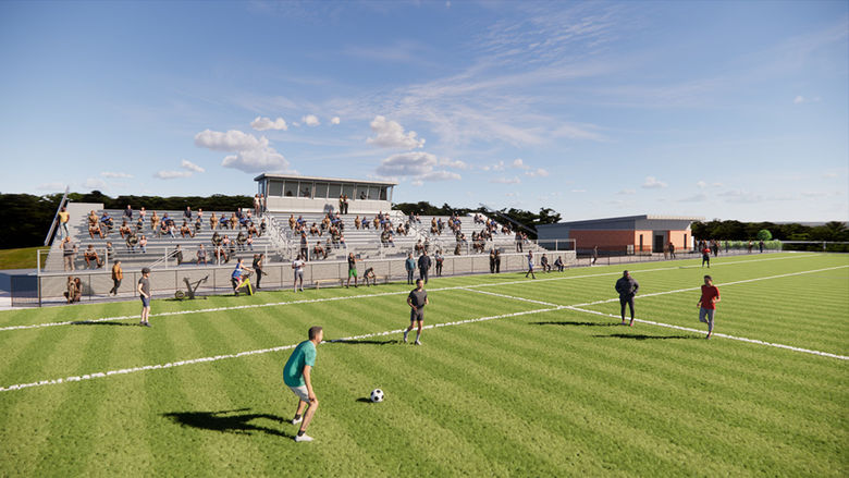 Rendering of the new bleachers and fieldhouse at the turf field