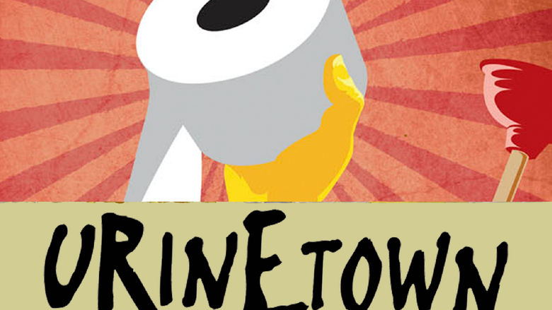 Image of handl holding a roll of toilet paper with a plunger in the background and the words "Urinetown the Musical"