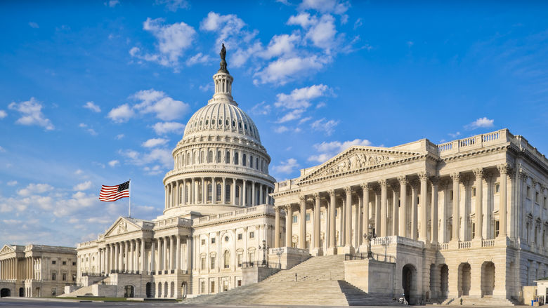 The U.S. Capitol building with Senate Chamber on a sunny day