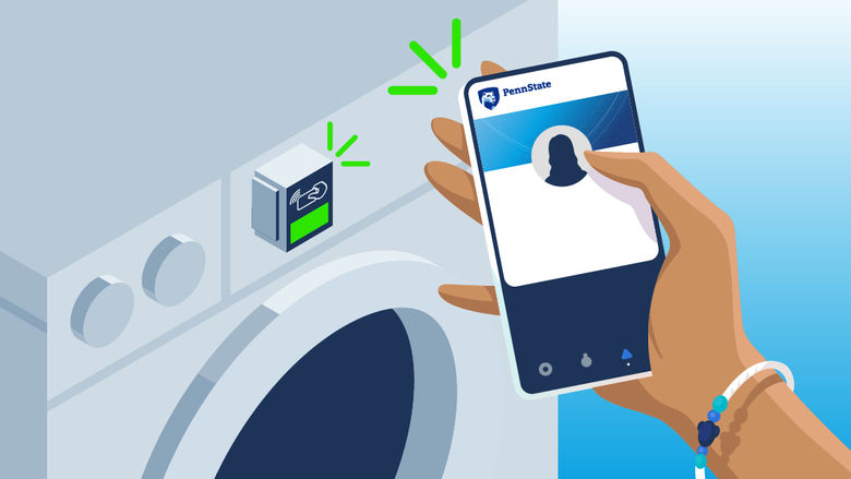 Vector image of student using mobile id+ card to pay laundry machine