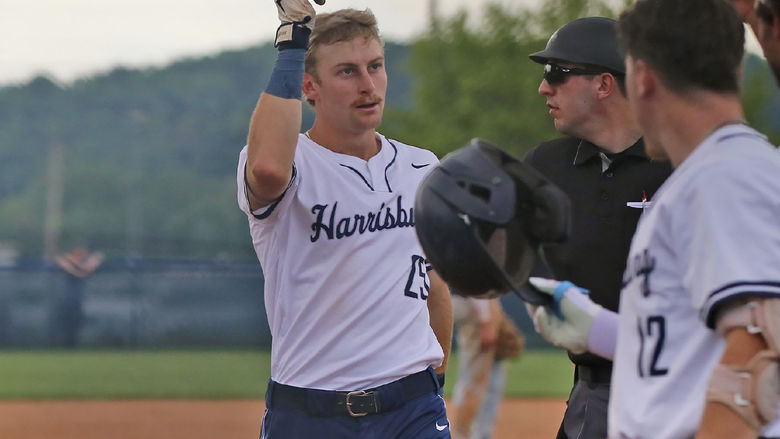 A baseball player celebrates during a game