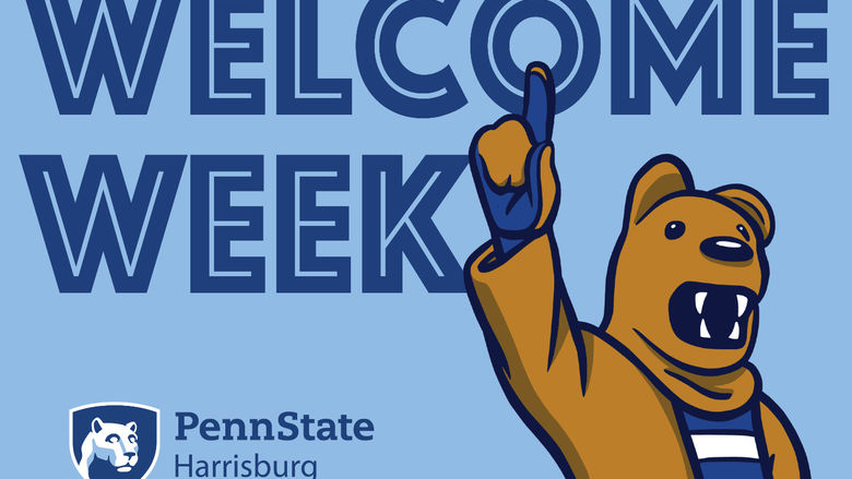 Words "Welcome Week" and cartoon Nittany Lion