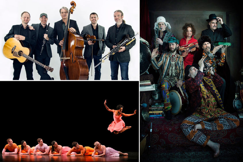 Collage of three photos of Lúnasa, The Paul Taylor Dance Company, and The Klezmatics