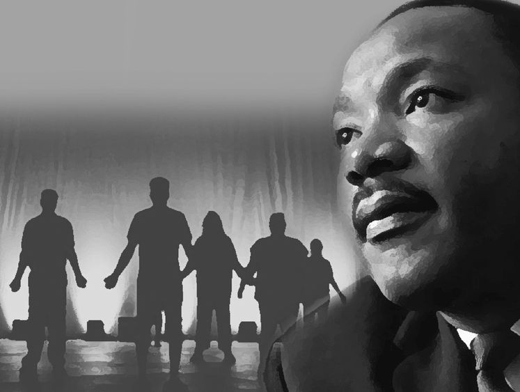 silhouettes of actors on stage superimposed with image of Dr. Martin Luther King, Jr.