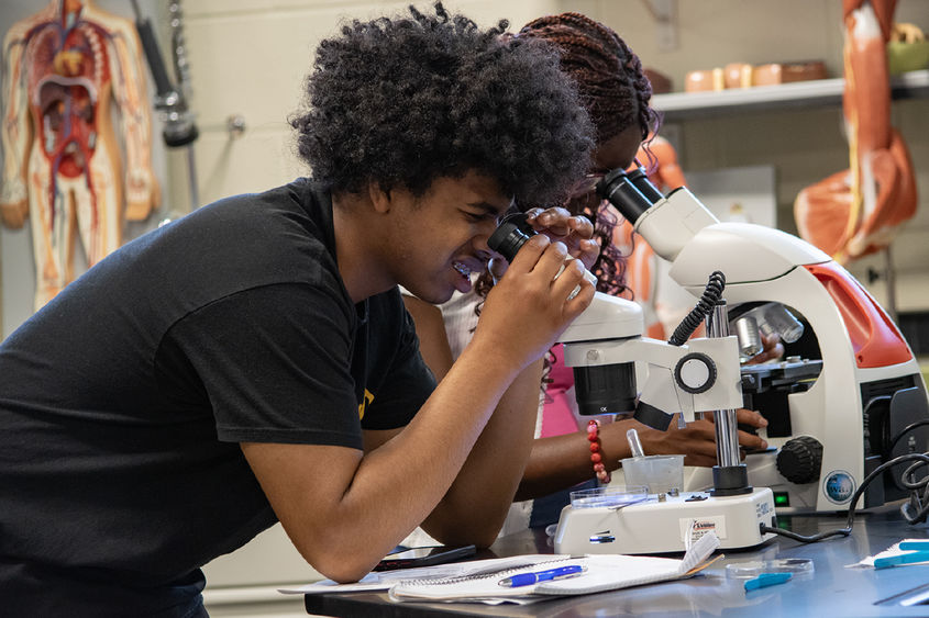 High schools students peer into microscopes