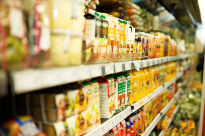 shelves lined with food with