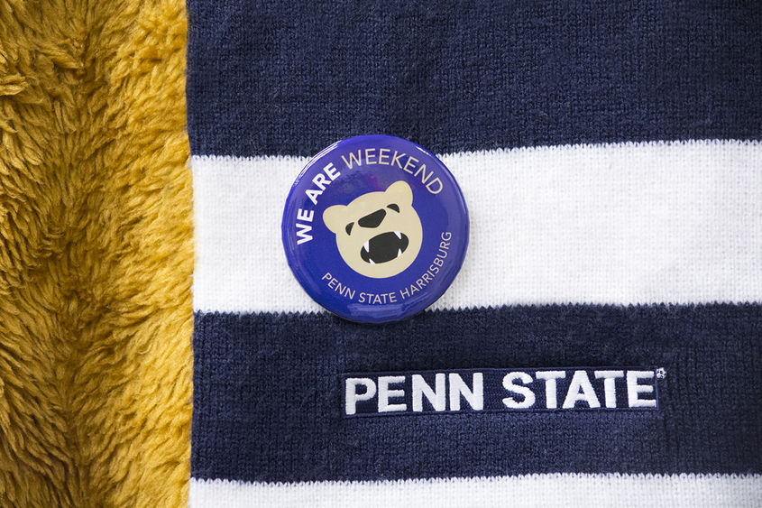 We Are Weekend Button on Penn State scarf