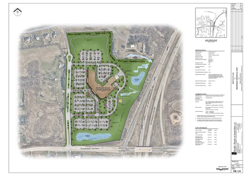 An aerial sketch of a proposed plan for a new hospital in Cumberland County, including a building, parking lot, and helipad.