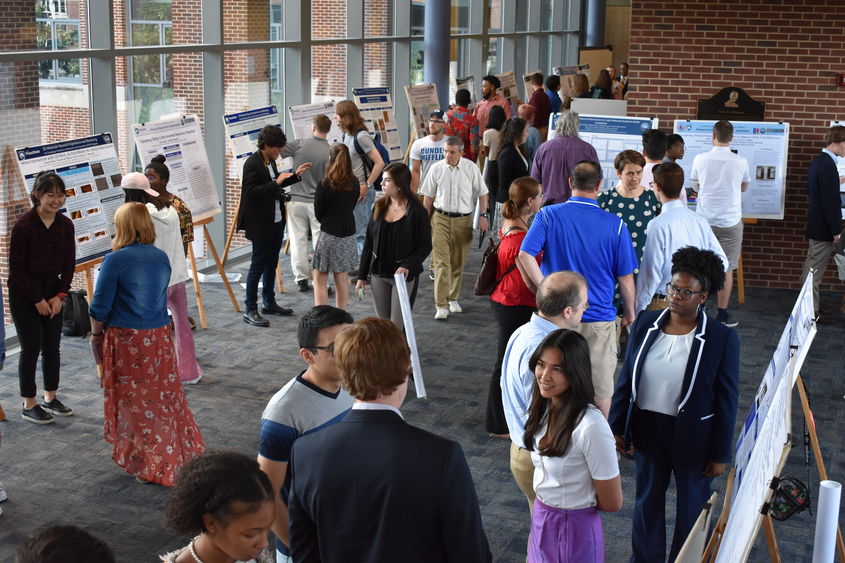 Scientific posters on easels line a large room, with windows on one side. People are grouped together in twos or threes, discussing the research on the posters.