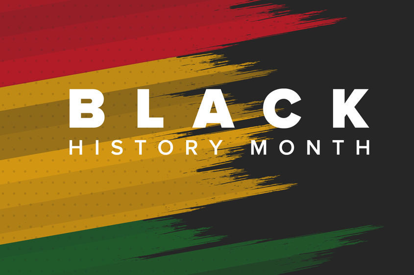 Paint strokes of black, red, yellow and black with the words "Black History Month" in white