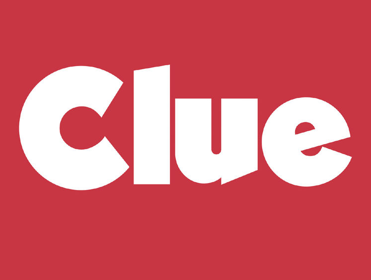 The word "clue" in white block letters on red background