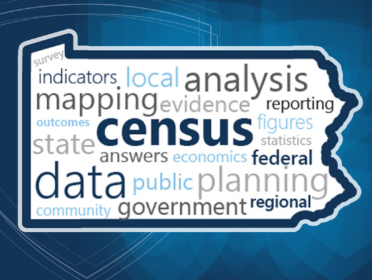 Pennsylvania shaped outline with words related to data and census inside on blue background