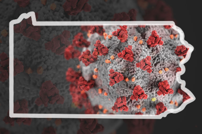 Outline of Pennsylvania over image of coronavirus image