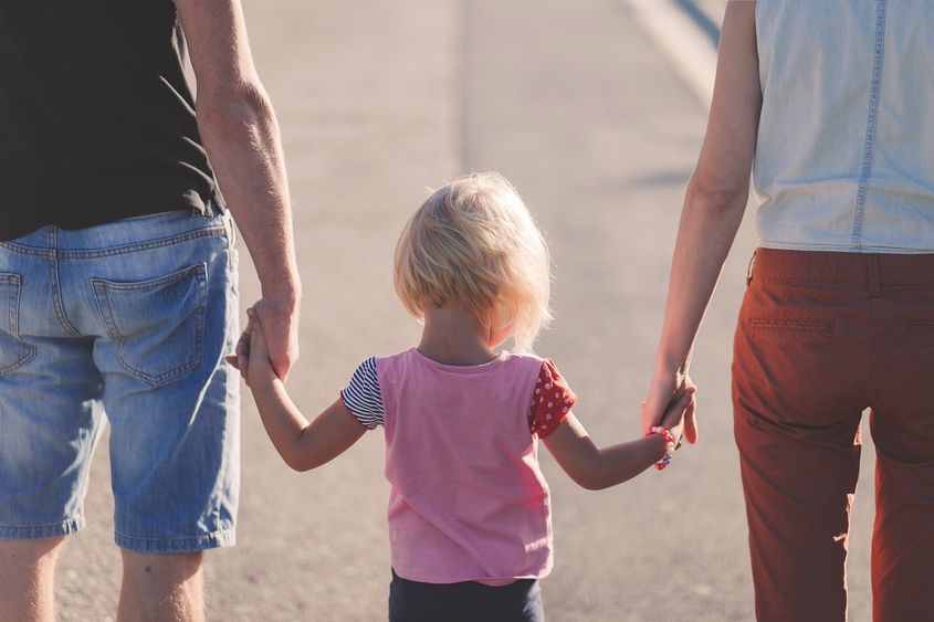 Little girl holding her parents hands