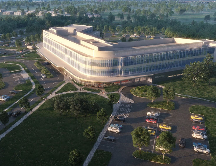 An aerial view artist's rendering of a future three-story hospital