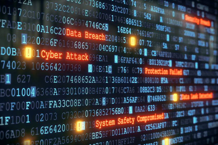 A stock image of digital data and the words cyber attack and data breach. 