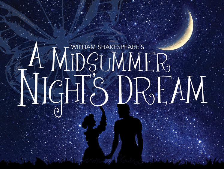 The words "William Shakespeare's A Midsummer Night's Dream" on a background of a dark sky with stars, moon, and the shadow of a man and woman