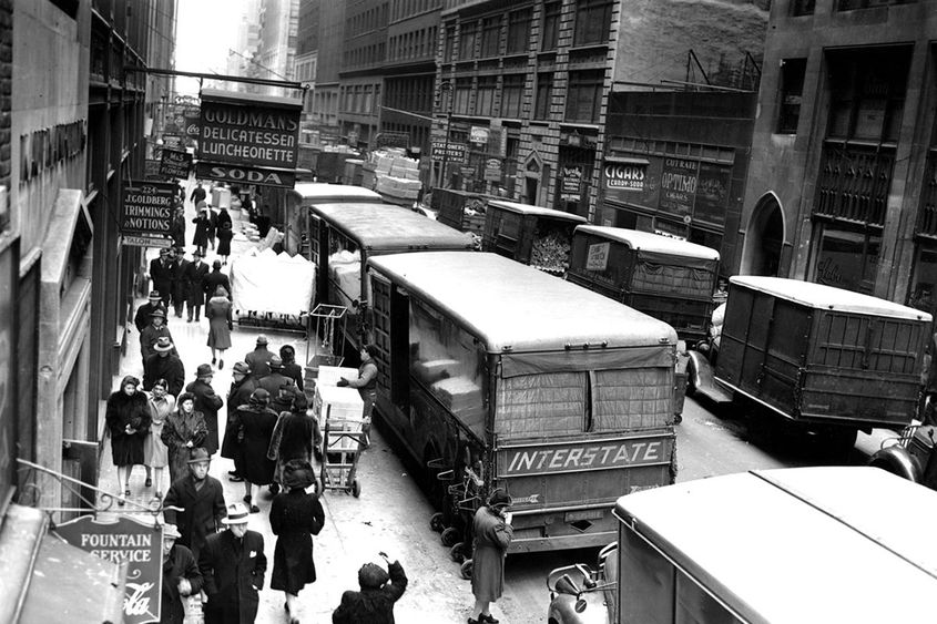 black and white photo of garment district in New York City, 1943