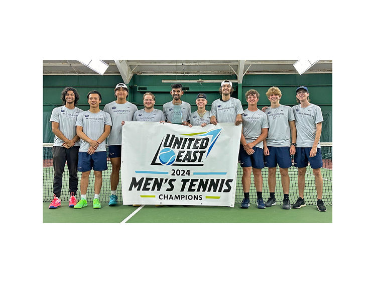 Harrisburg men's tennis team holds a banner that says United East 2024 Men's Tennis Champions