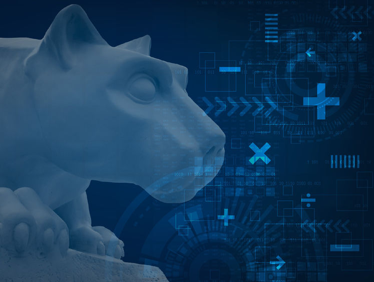 Graphic with Nittany Lion statue and math and computer icons
