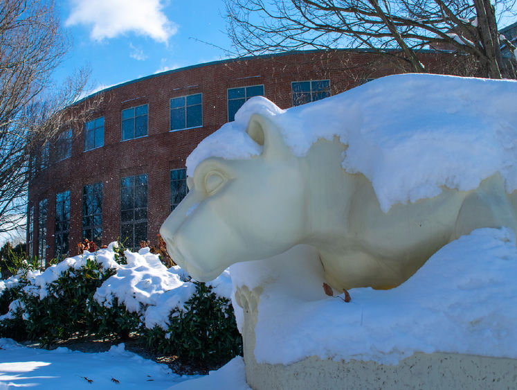 Penn State Harrisburg Campus lion shrine with snow
