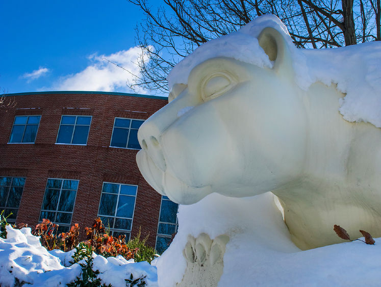 Lion Shrine at Penn State Harrisburg covered in snow