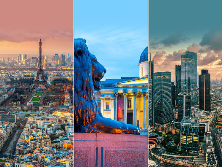 Trio of photos: one of Paris and two of London cityscapes