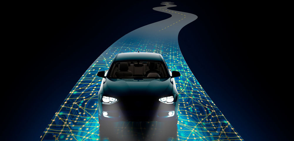 a graphic representation of a car driving on winding roadway