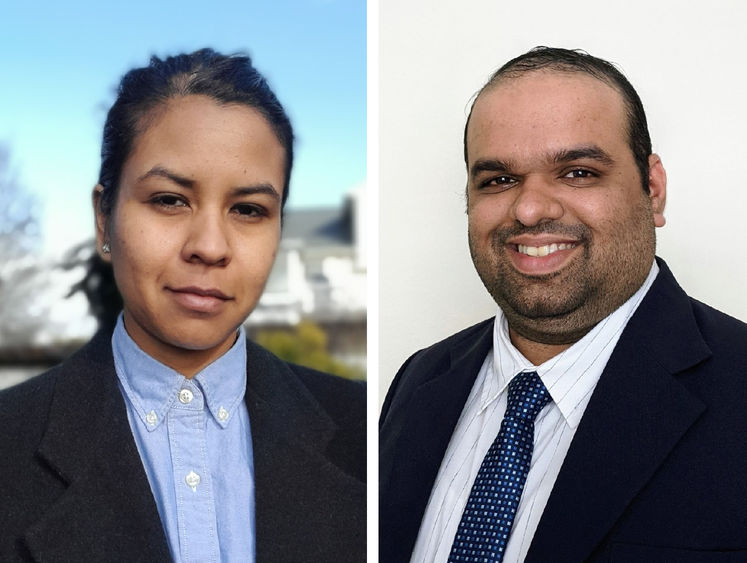 Side by side headshot photos of Penn State Harrisburg graduate student Catherine Suria and Nikhil Menon, assistant professor of civil engineering