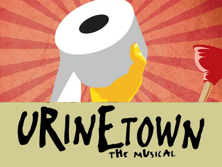 Image of handl holding a roll of toilet paper with a plunger in the background and the words "Urinetown the Musical"