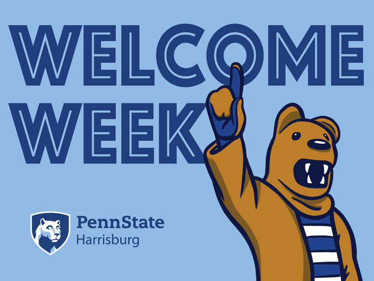 Words "Welcome Week" and cartoon Nittany Lion