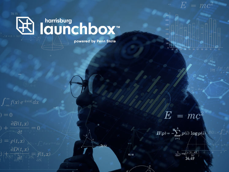 silhouette of woman in glasses with blue overlay and Harrisburg LaunchBox logo