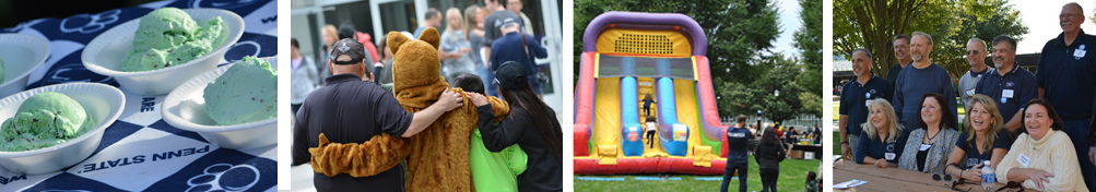 dishes of ice cream, family posig with the Nittany Lion, an inflatable slide, and several alumni posing for a picture